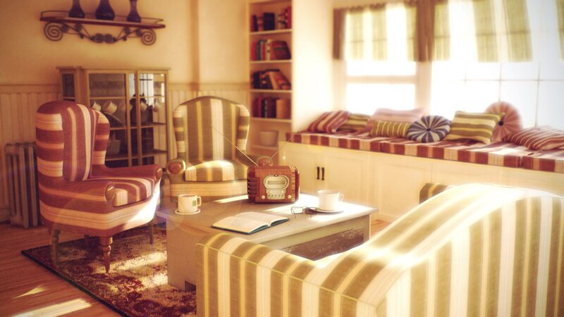 cozy living room with vintage radio