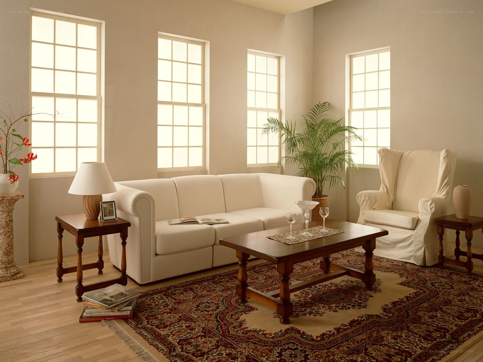 cozy living room with white furniture