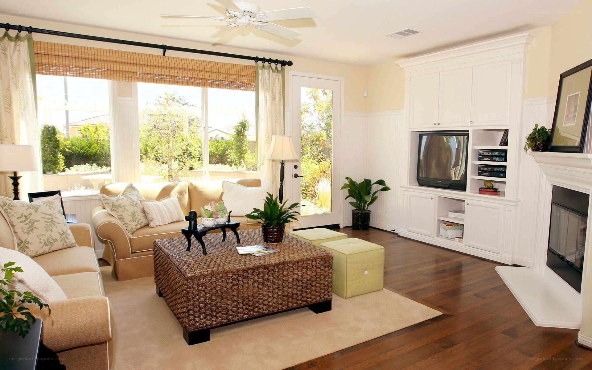 Cozy living room with wicker coffee table