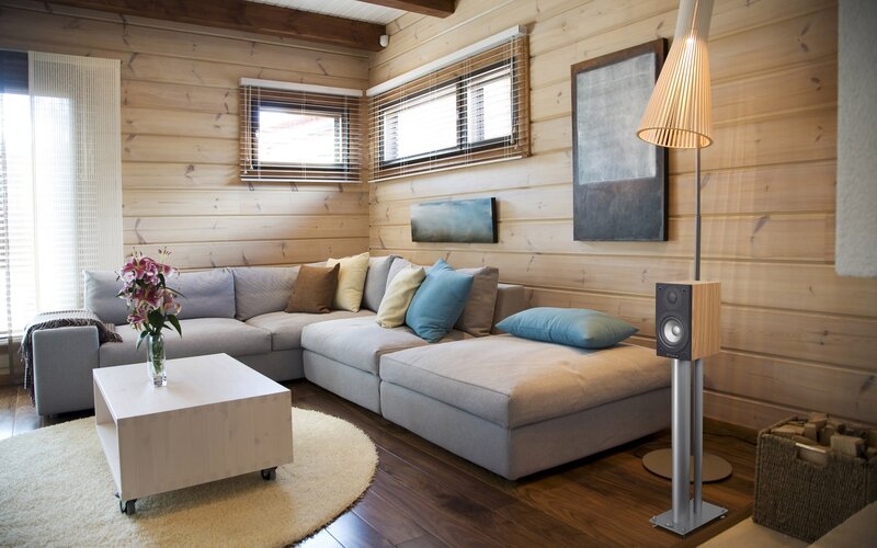Cozy living room with wood walls