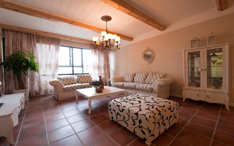 cozy living room with wooden beams