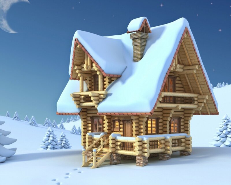Cozy log cabin in winter