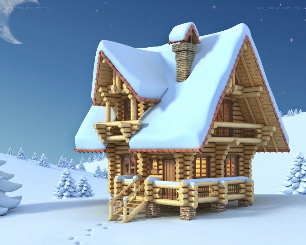 Cozy log cabin in winter