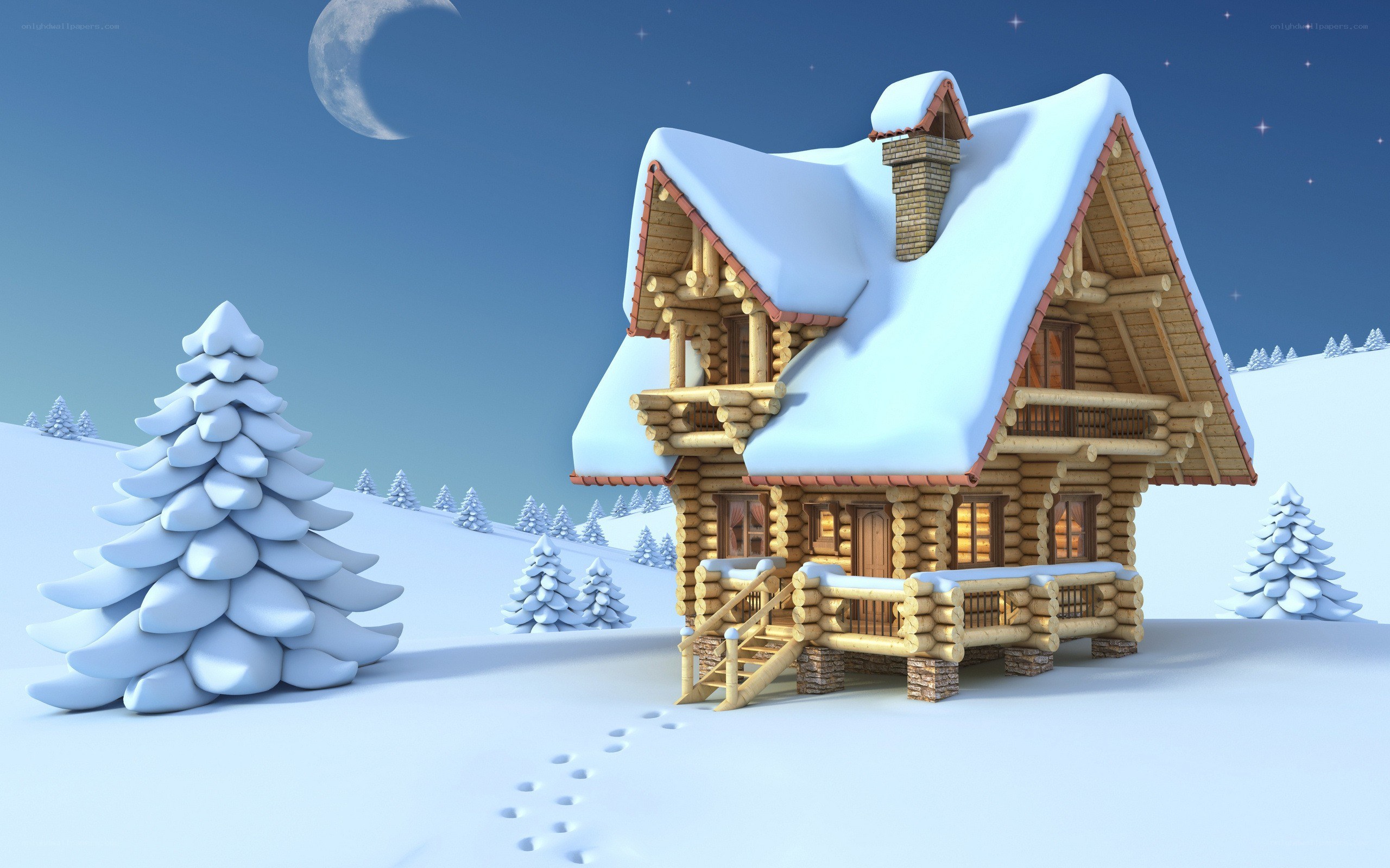 Cozy log cabin in winter