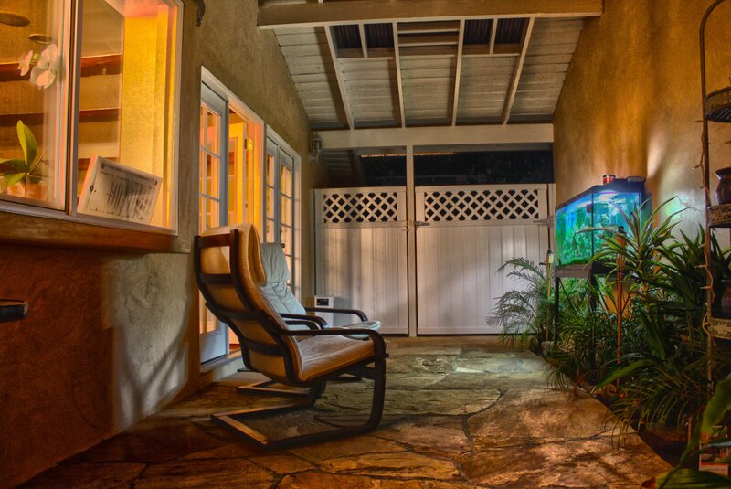 Cozy outdoor patio at night