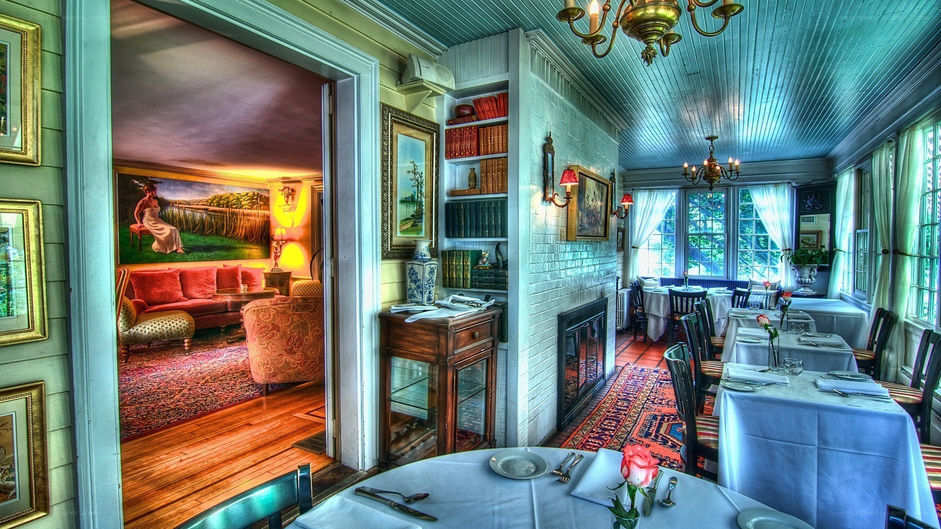 Cozy restaurant interior with fireplace