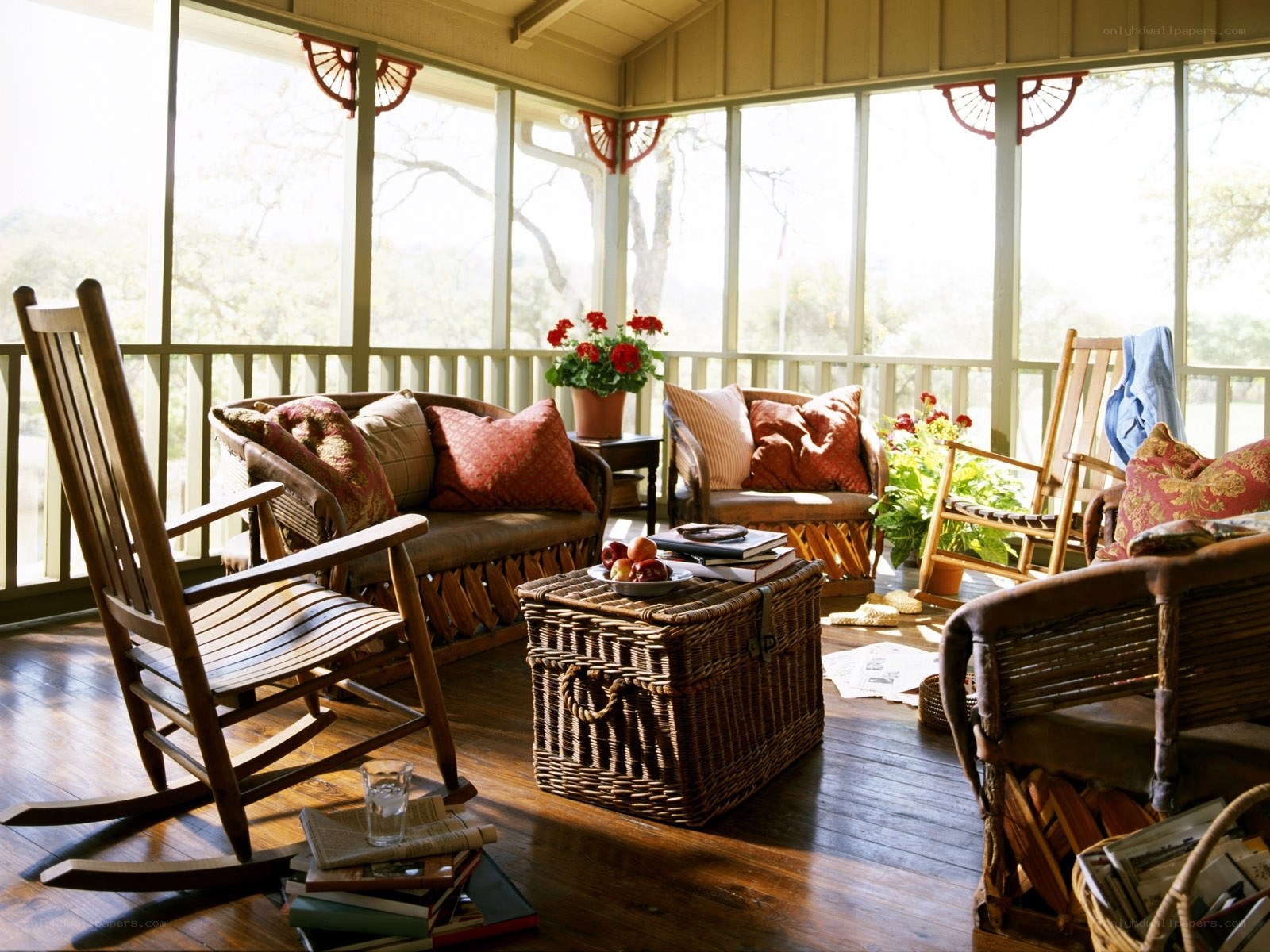 Cozy screened porch seating area