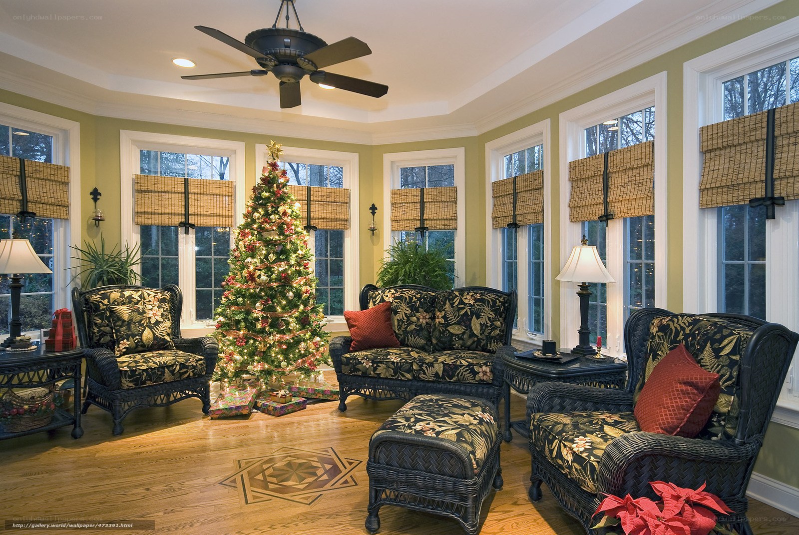 Cozy sunroom with Christmas tree
