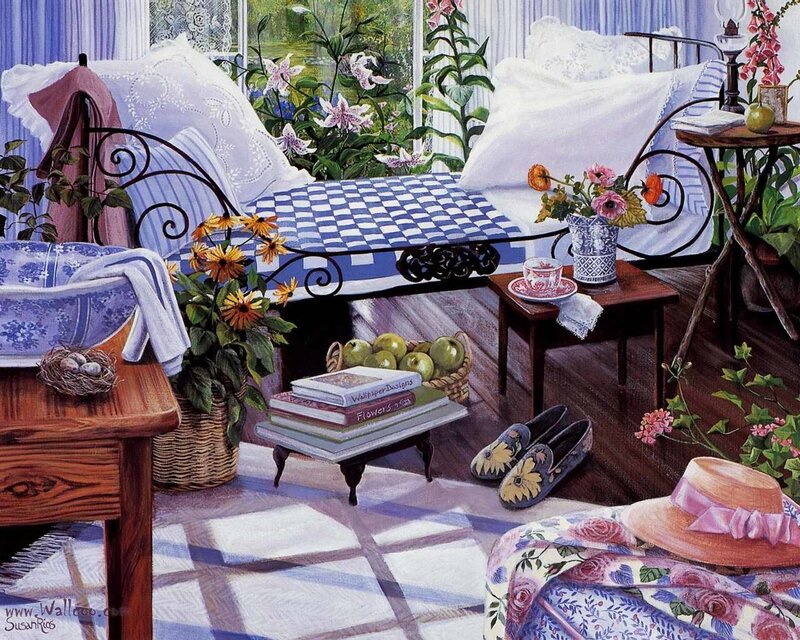 Cozy sunroom with flowers and books