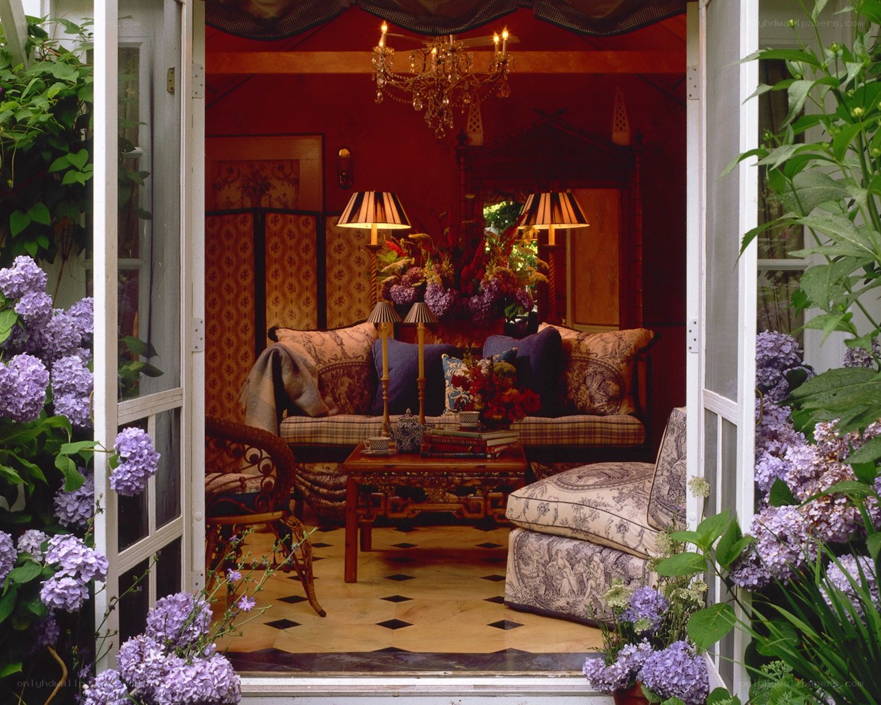 Cozy sunroom with purple hydrangeas