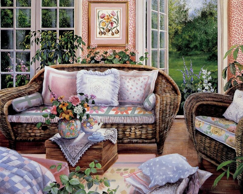 Cozy sunroom with wicker furniture
