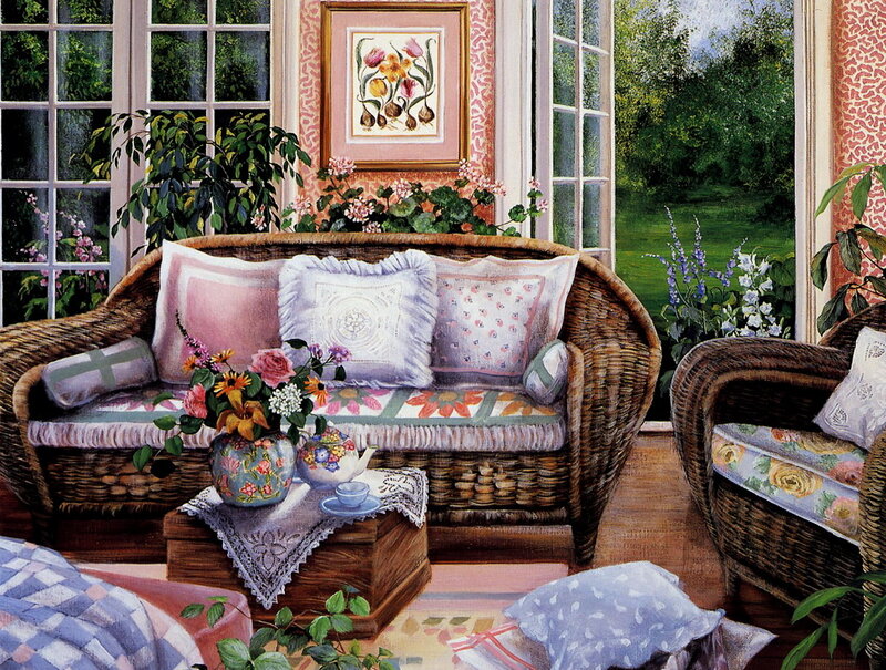 Cozy sunroom with wicker furniture