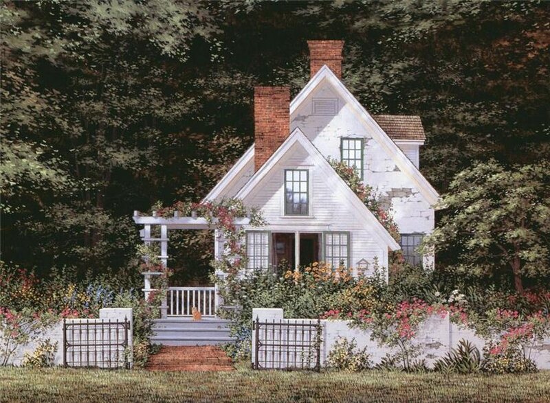Cozy white cottage in garden