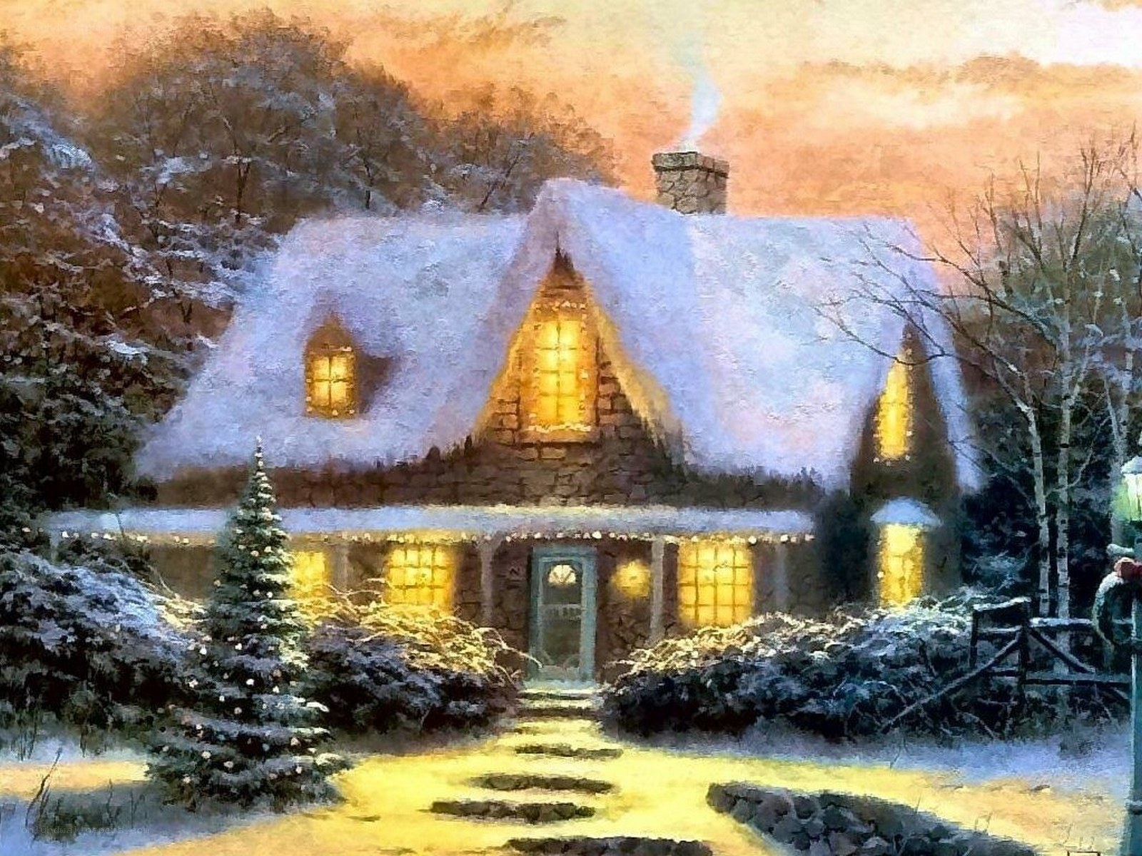 Cozy winter cabin at dusk
