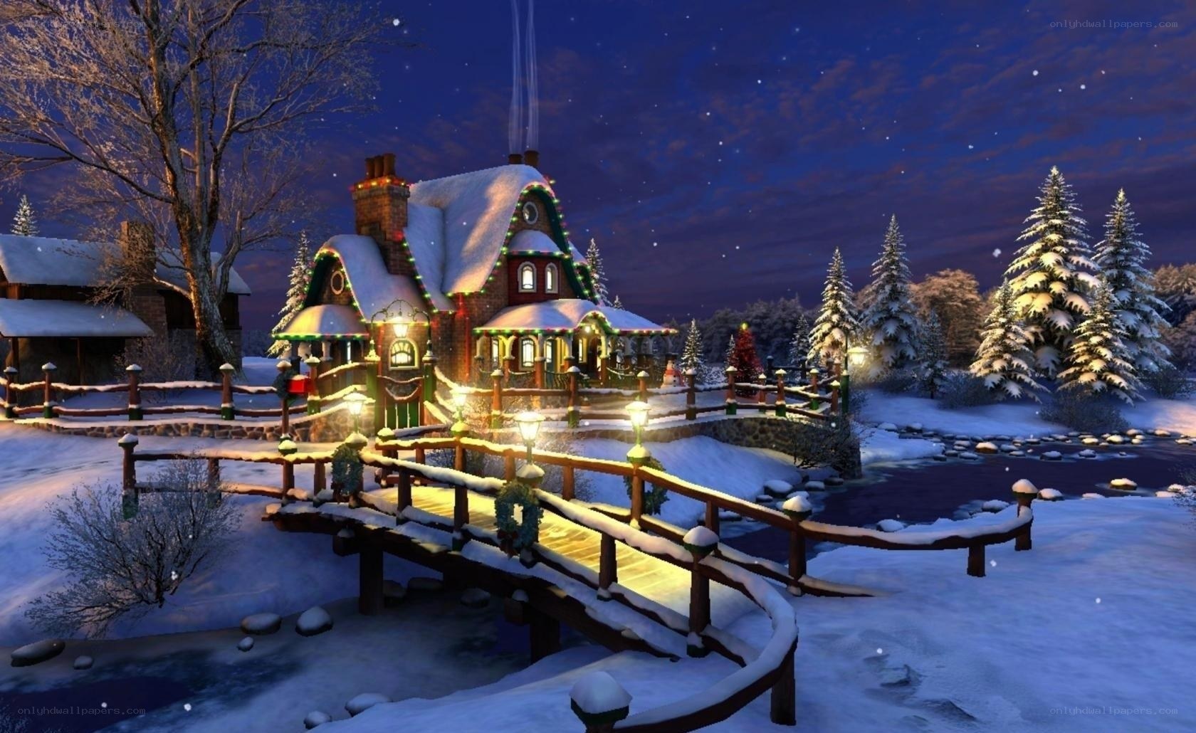 Cozy winter cottage at night