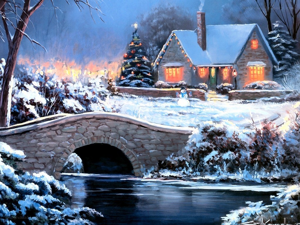 Cozy winter cottage scene