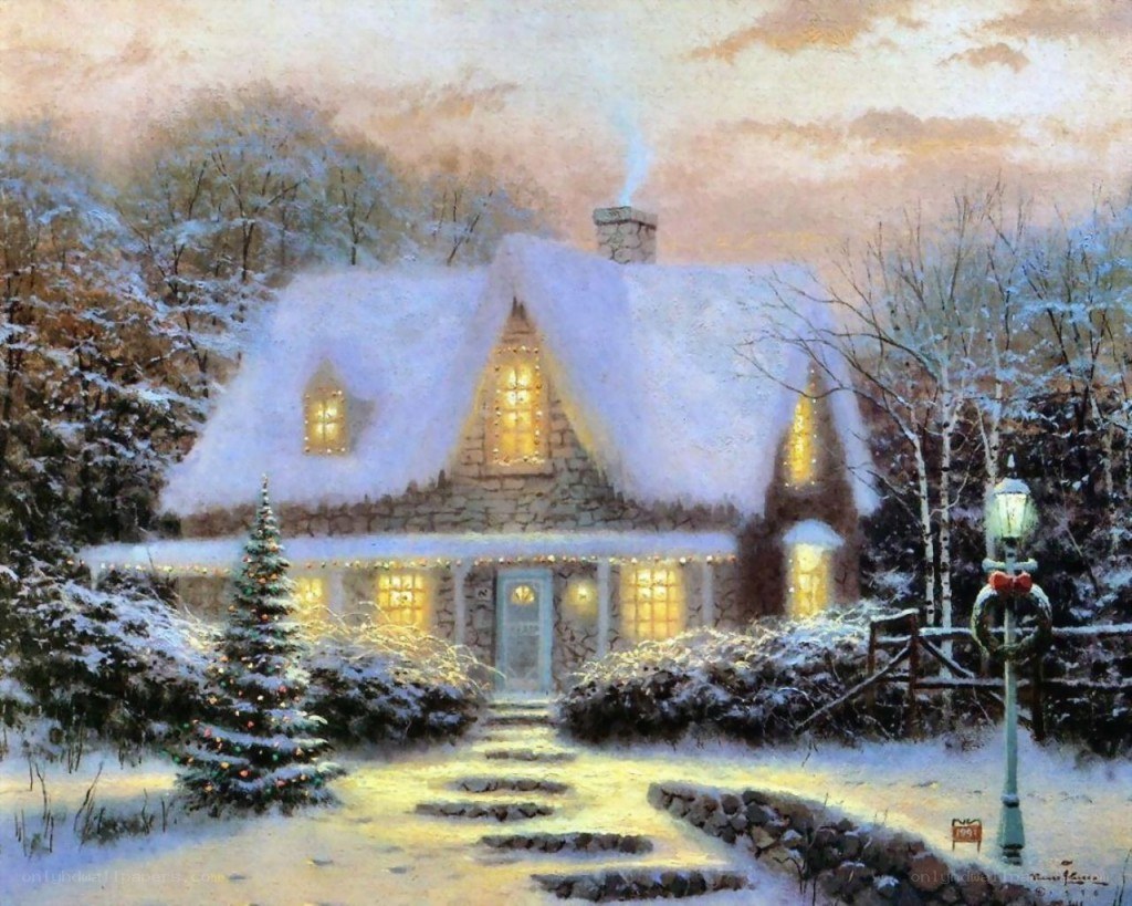 Cozy winter cottage scene