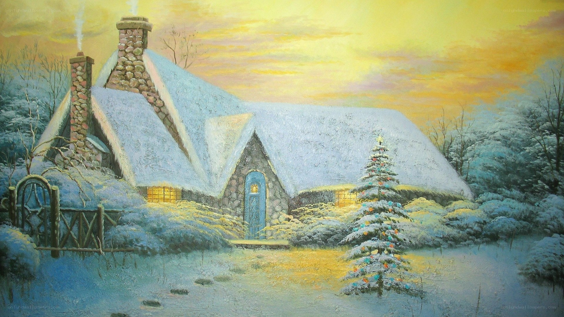 Cozy winter cottage scene