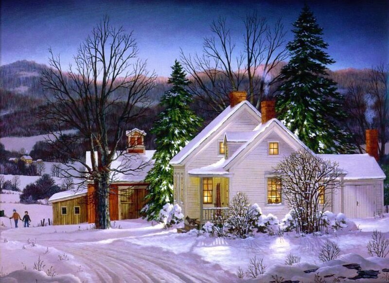 Cozy winter farmhouse scene