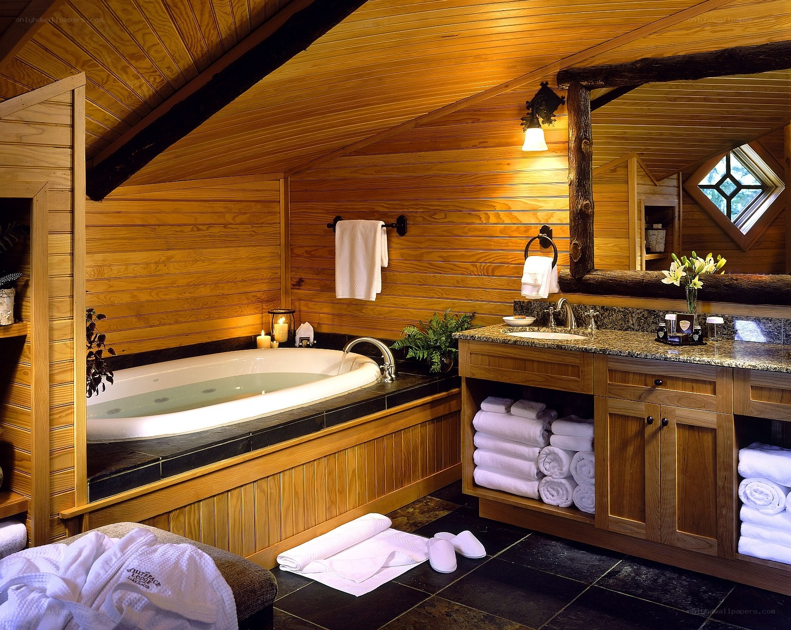 Cozy wooden bathroom with jacuzzi