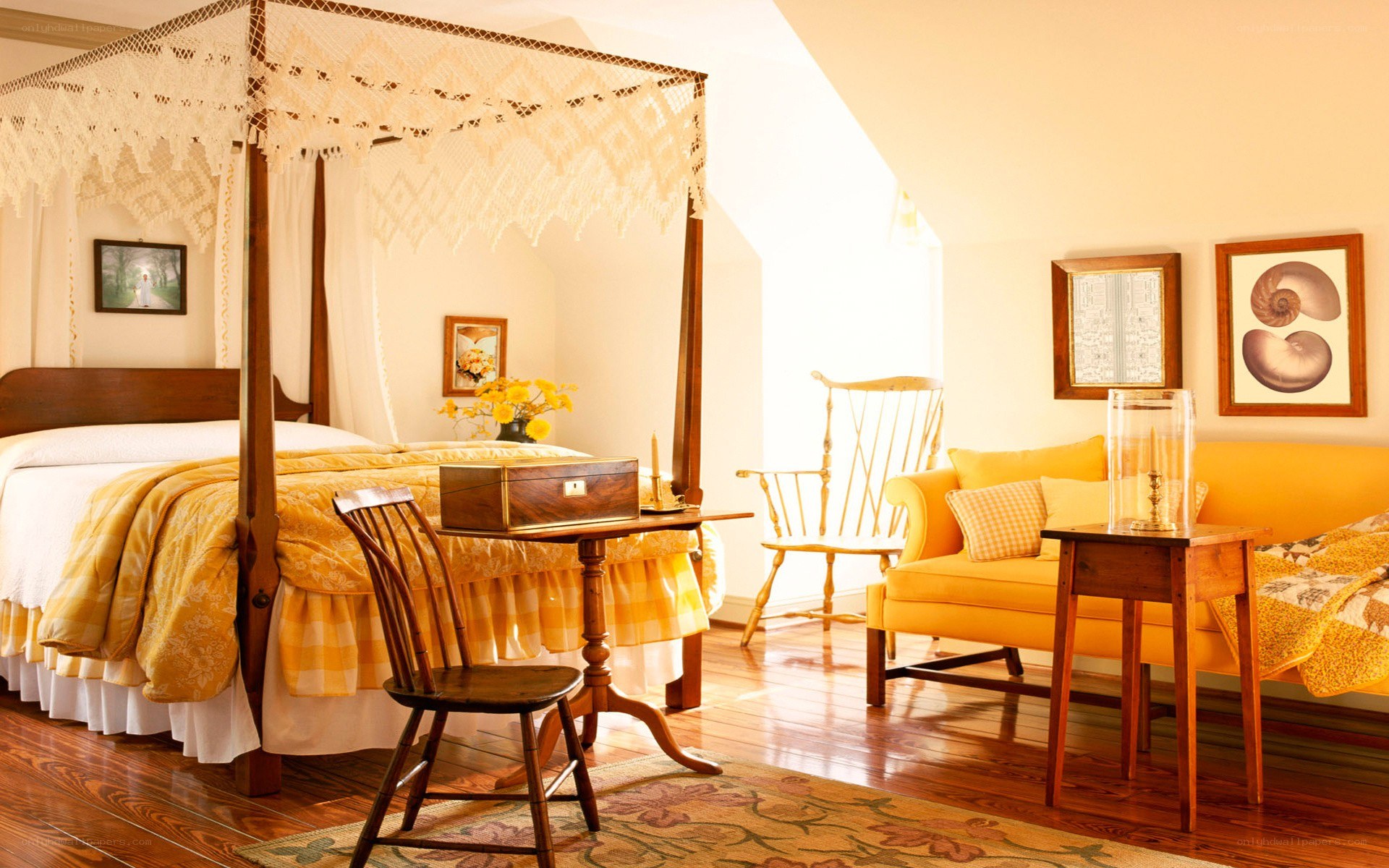cozy yellow bedroom with canopy bed