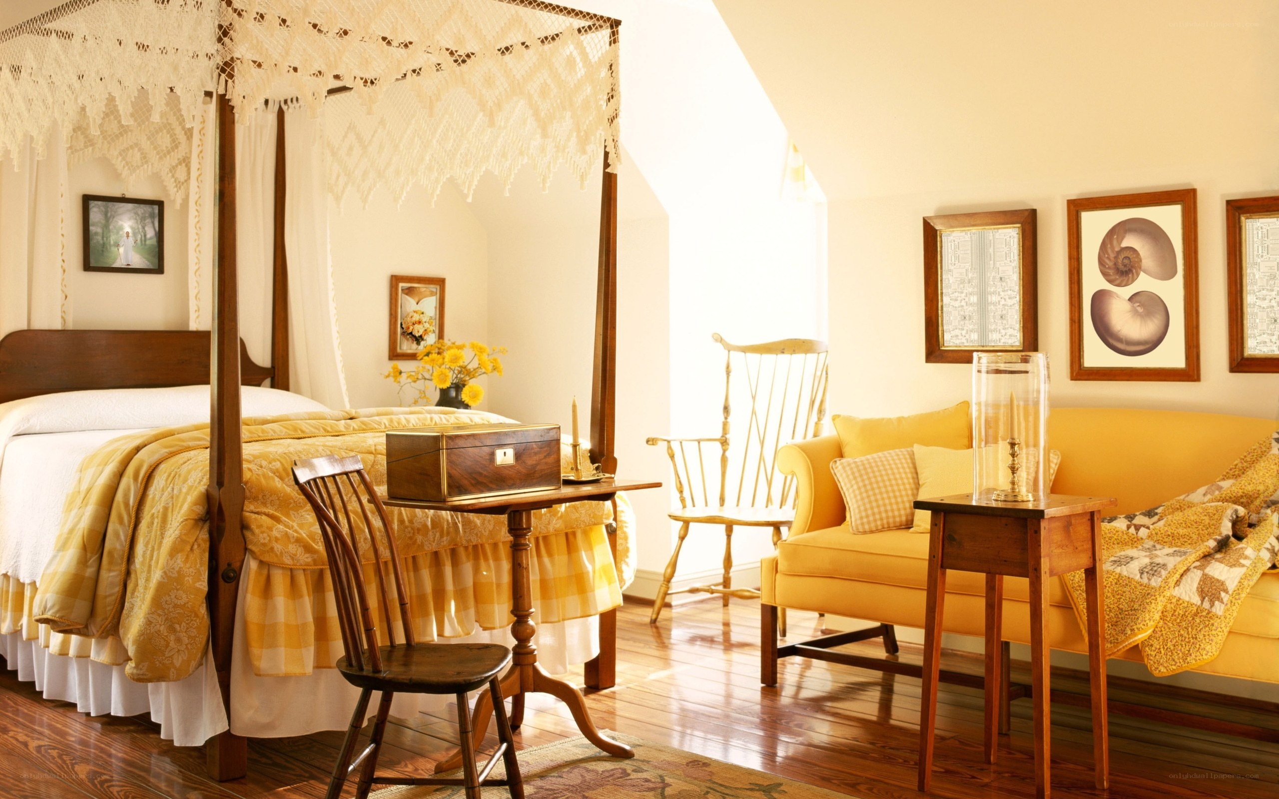 Cozy yellow bedroom with canopy bed