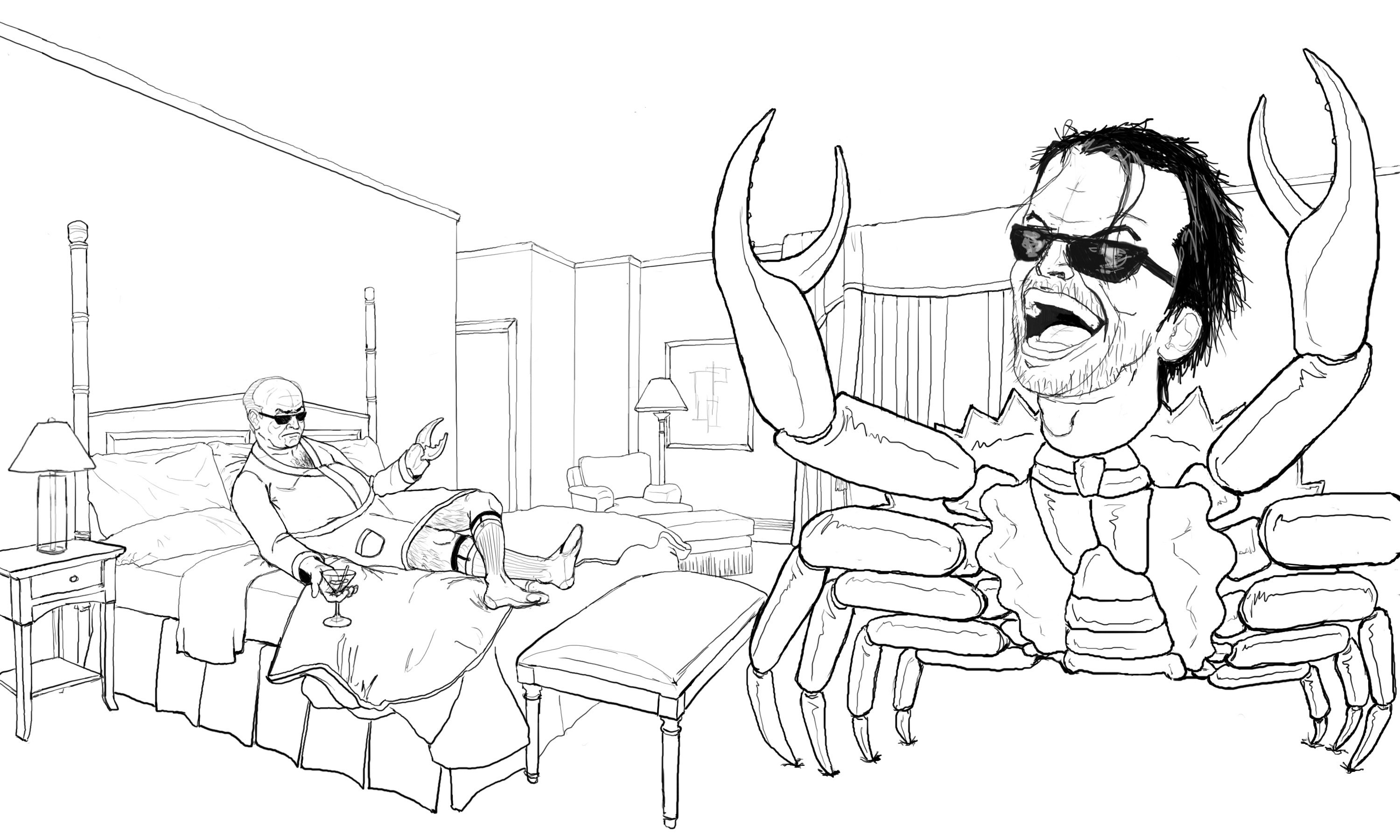 crab man in hotel room