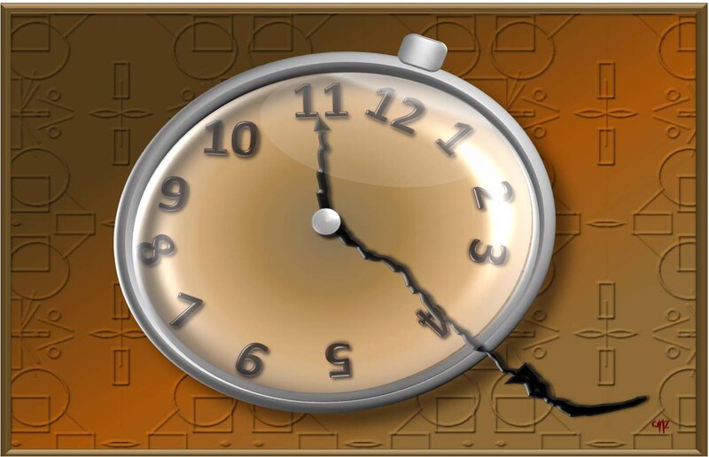 Cracked Clock on Patterned Wall
