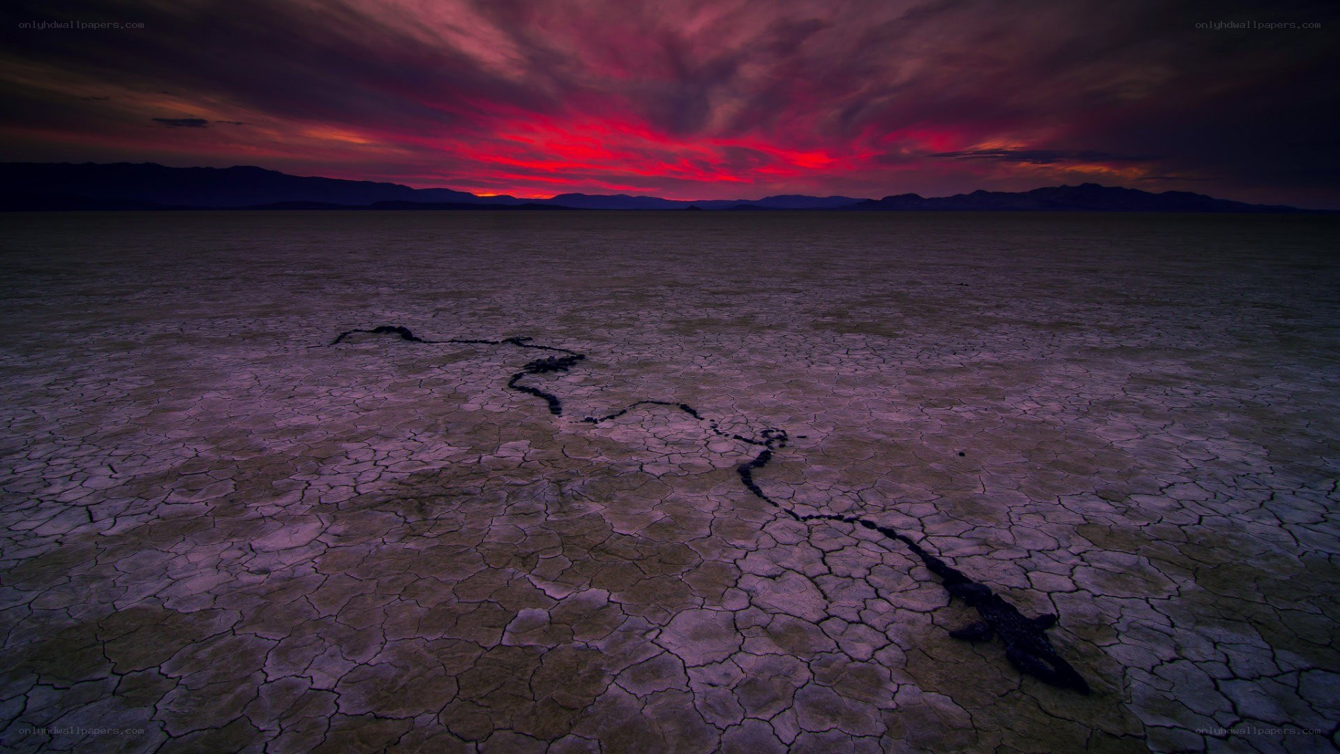 Cracked desert at sunset