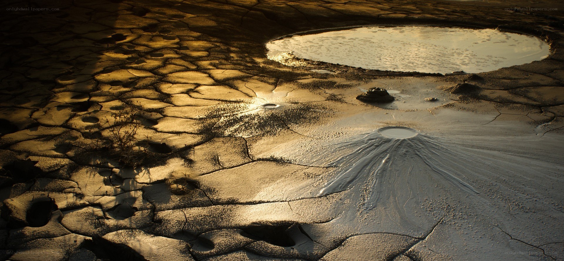 Cracked earth with water pools