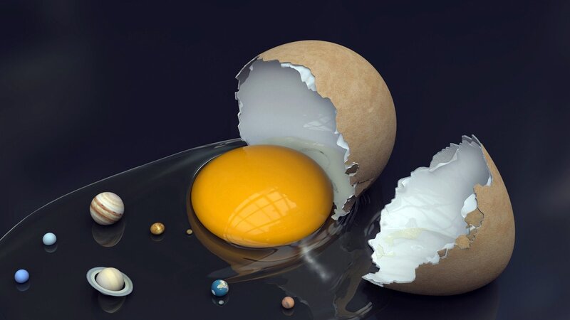 Cracked Egg with Planets — Black, Dramatic, 3d Render, Egg Yolk, Egg White, Yellow, Brown