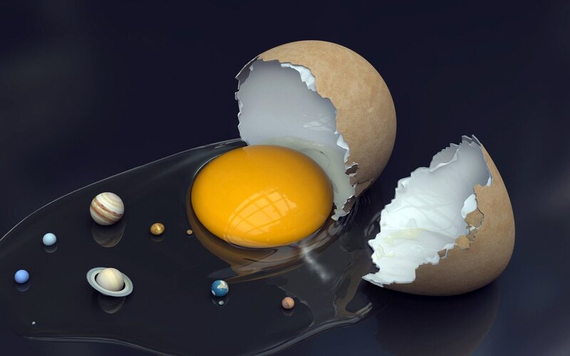 Cracked Egg with Planets — Black, Dramatic, 3d Render