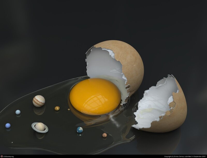 Cracked Egg with Planets — Black, Dramatic