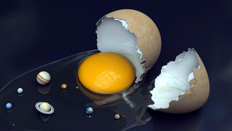 Cracked Egg with Planets — Yellow, Dramatic, 3d Render, Egg Yolk, Egg White