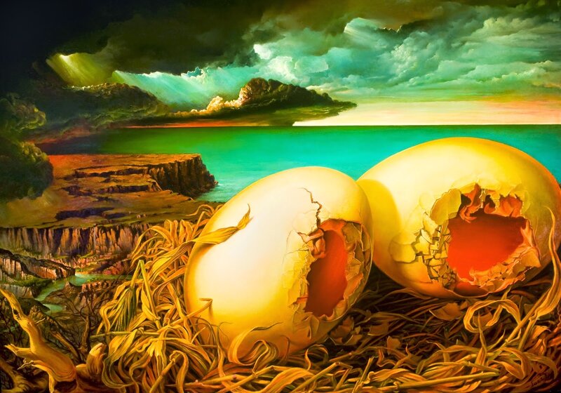 Cracked Eggs in Nest — Yellow