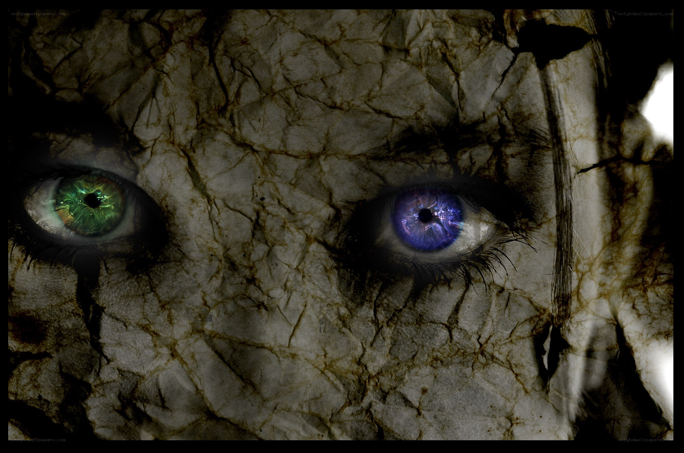 cracked face with glowing eyes