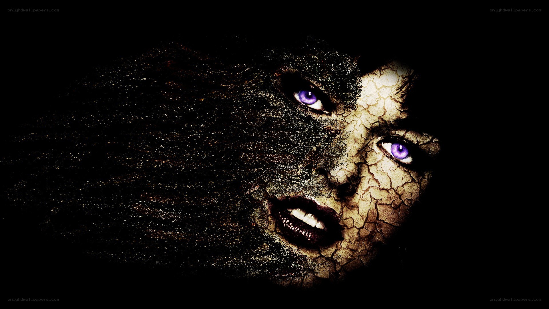 cracked face with purple eyes