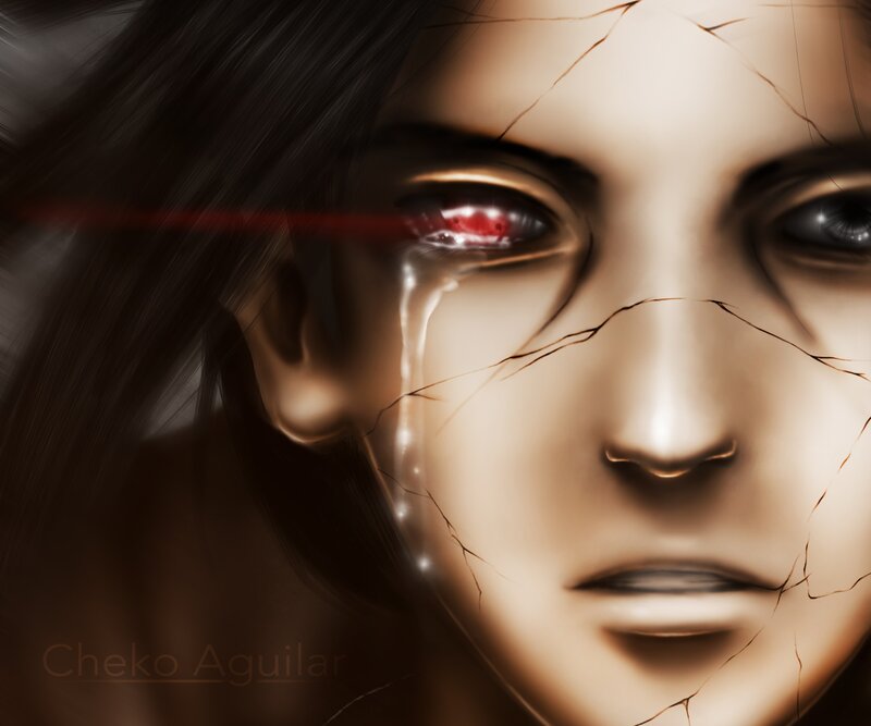 cracked face with red eye