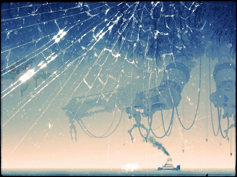 cracked glass over industrial scene