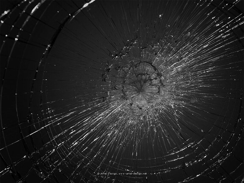 Cracked Glass Surface — Black, Dramatic, Photograph, Cracks, Impact Point, Shards