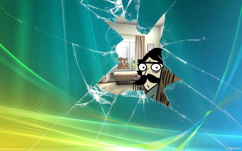 cracked glass with cartoon characters