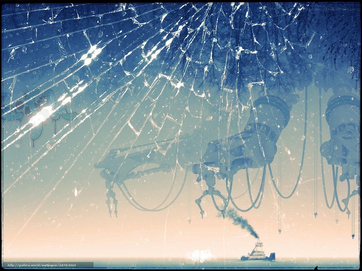 cracked glass with industrial scene