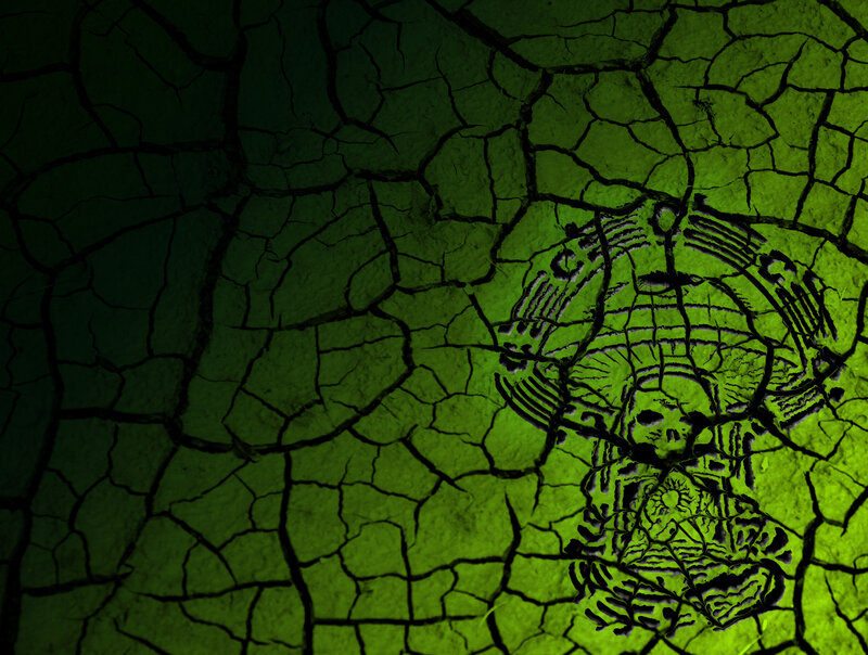 cracked green surface with emblem