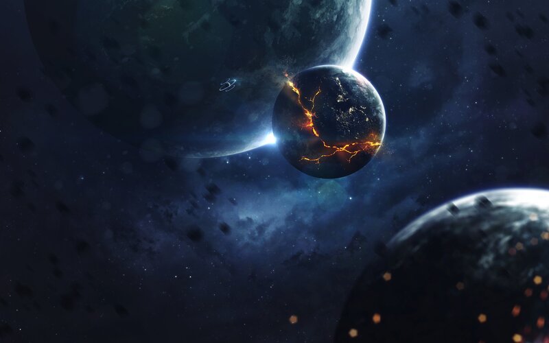 Cracked Planet in Space — Blue, Dramatic, Digital Art, Planets