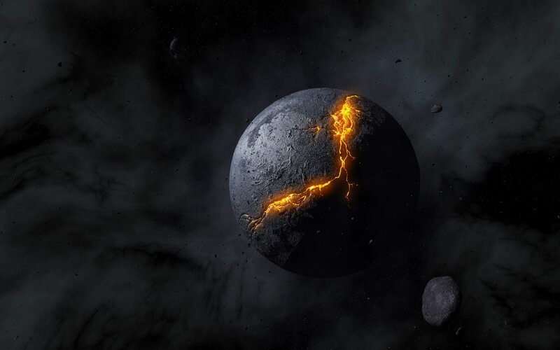 Cracked Planet with Lava — Black, Dramatic, Digital Art, Asteroids