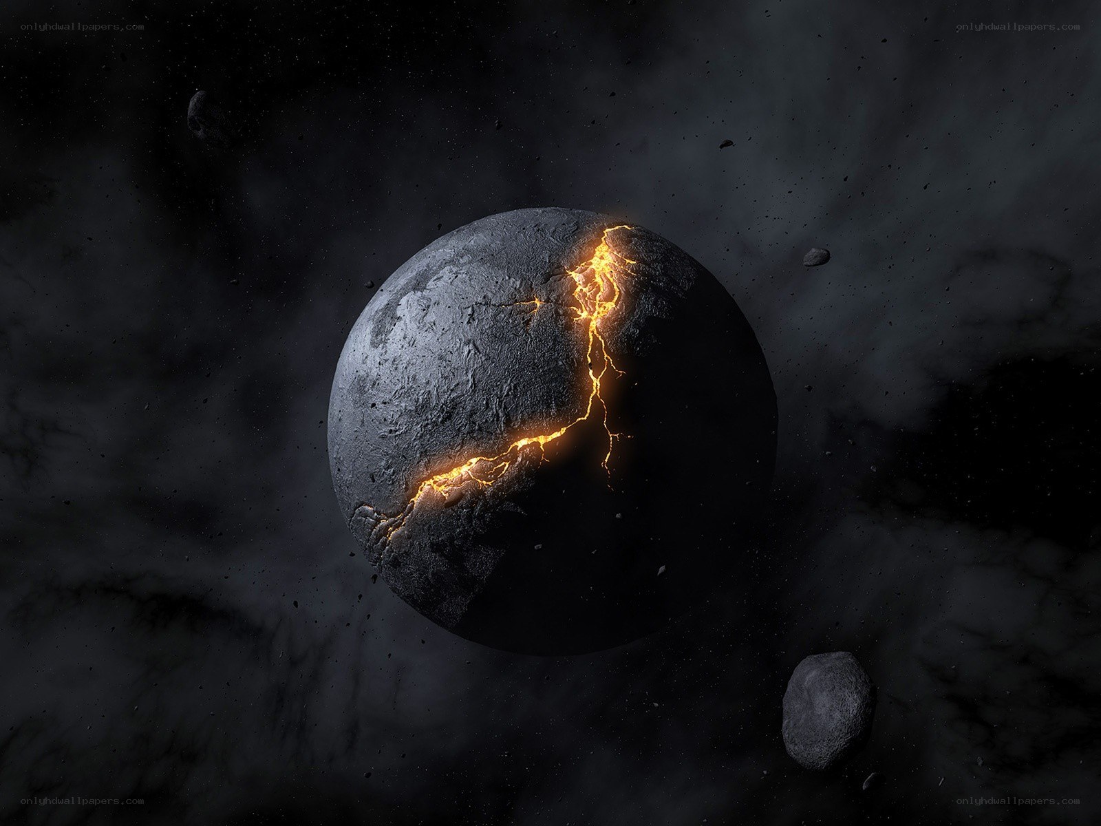 Cracked planet with lava fissure
