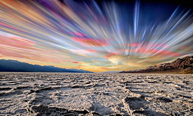 Cracked Salt Flat — Blue, Dramatic, Sunset, Photograph, Mountains