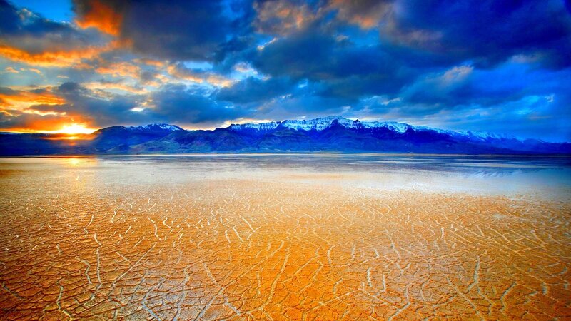 Cracked Salt Flat — Blue, Dramatic, Sunset, Photograph