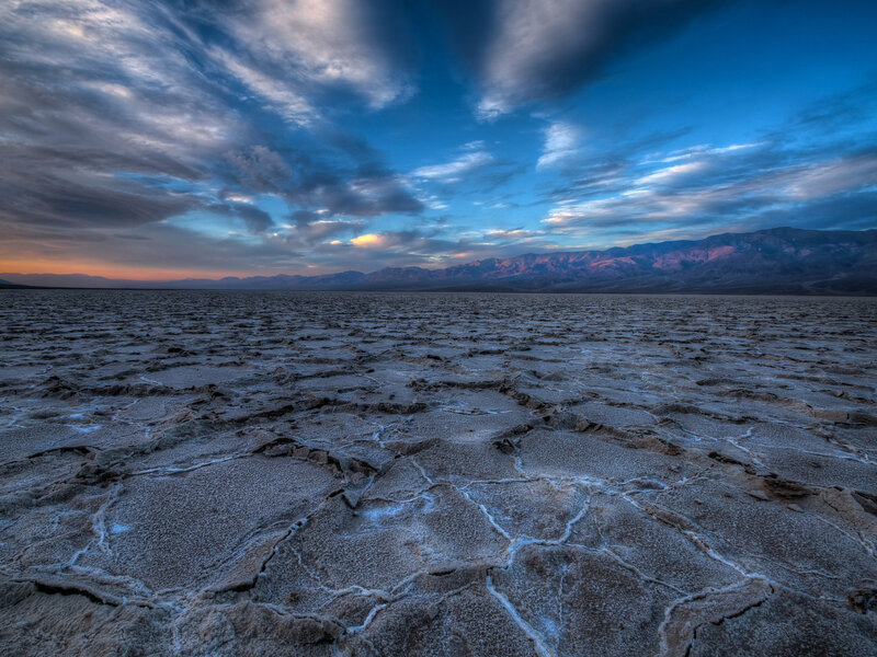 Cracked Salt Flat — Blue, Dramatic, Sunset