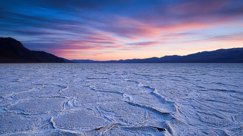 Cracked Salt Flat — Blue, Serene, Sunset, Photograph, Mountains, Sky, Clouds